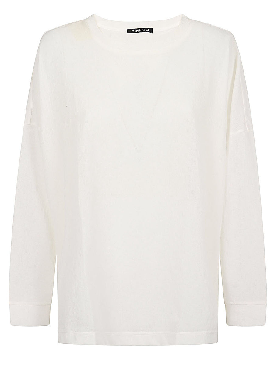 MIZUIRO White Crew Neck Sweater Textured Paperlike Knit With Elegant Loose Fit And Asymmetric Hem Side Slits For Women
