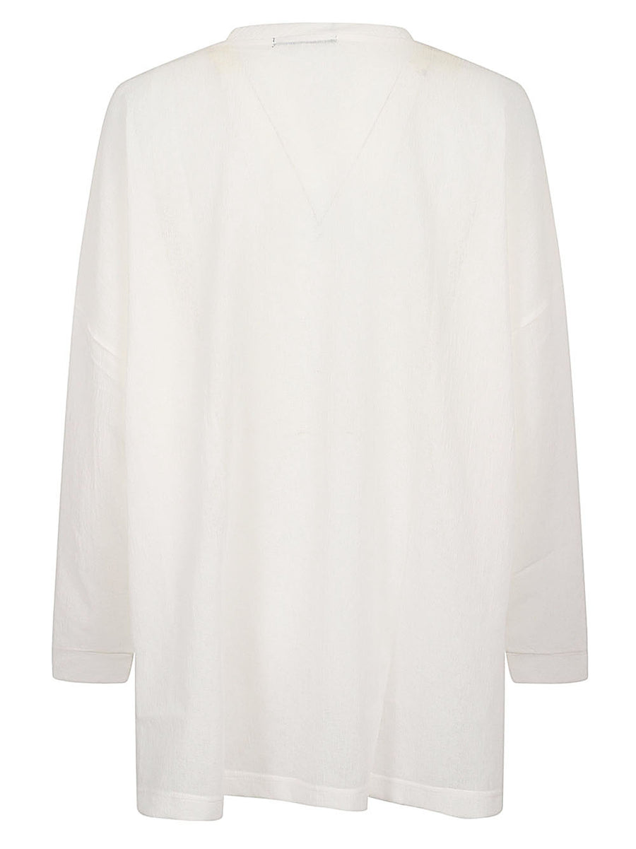 MIZUIRO White Crew Neck Sweater Textured Paperlike Knit With Elegant Loose Fit And Asymmetric Hem Side Slits For Women
