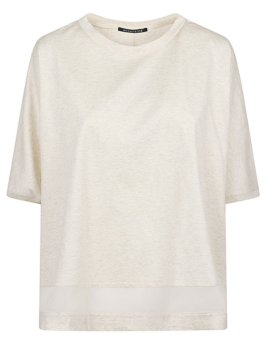 Mizuiro Beige Mesh Mix Wide Pullover For Women Breathable Cotton Top With Draped Silhouette And Mesh Hem