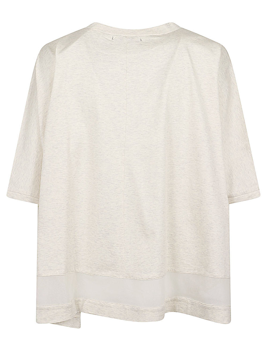 Mizuiro Beige Mesh Mix Wide Pullover For Women Breathable Cotton Top With Draped Silhouette And Mesh Hem