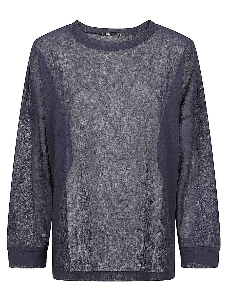MIZUIRO Navy Textured Crew Neck Pullover For Women, Relaxed Paperlike Knit Versatile Topwear