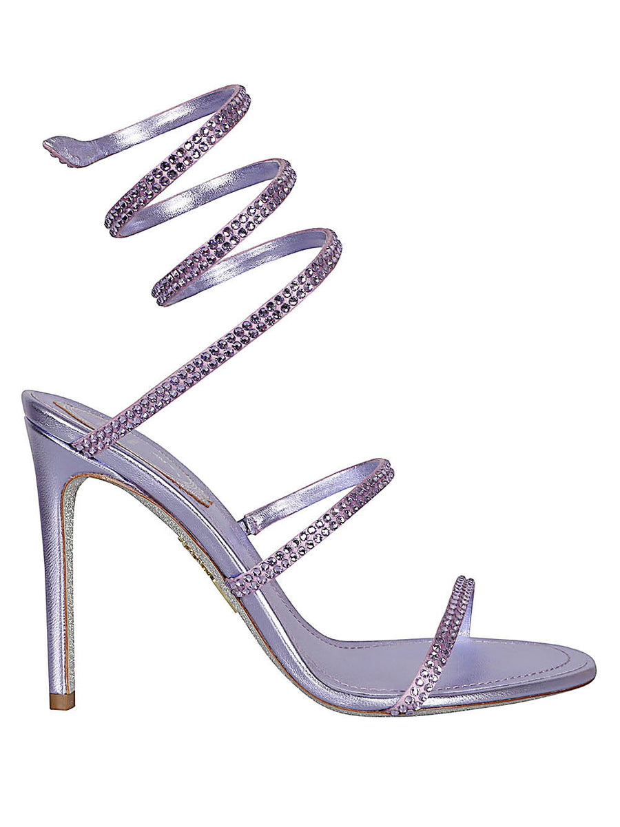 René Caovilla Cleo Violet Satin Sandals Hand Applied Rhinestones 105mm Heel