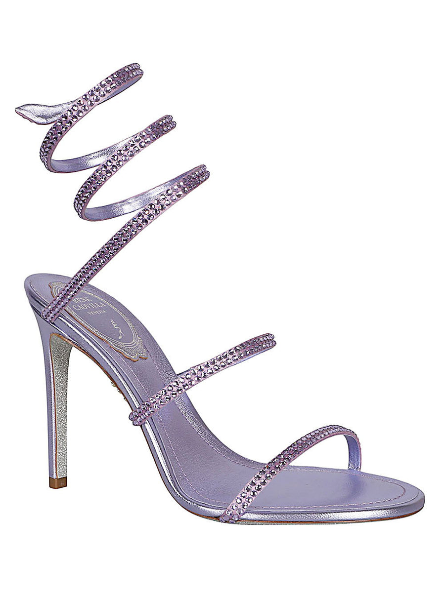 René Caovilla Cleo Violet Satin Sandals Hand Applied Rhinestones 105mm Heel