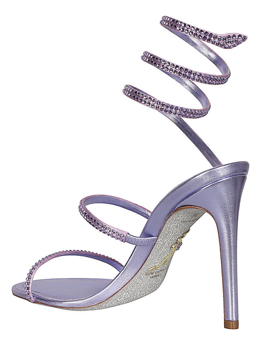 René Caovilla Cleo Violet Satin Sandals Hand Applied Rhinestones 105mm Heel