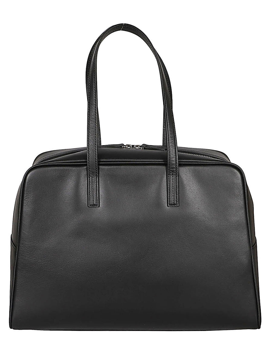 Mizuiro Black Leather Large Boston Handbag With Zip Closure And Internal Pocket