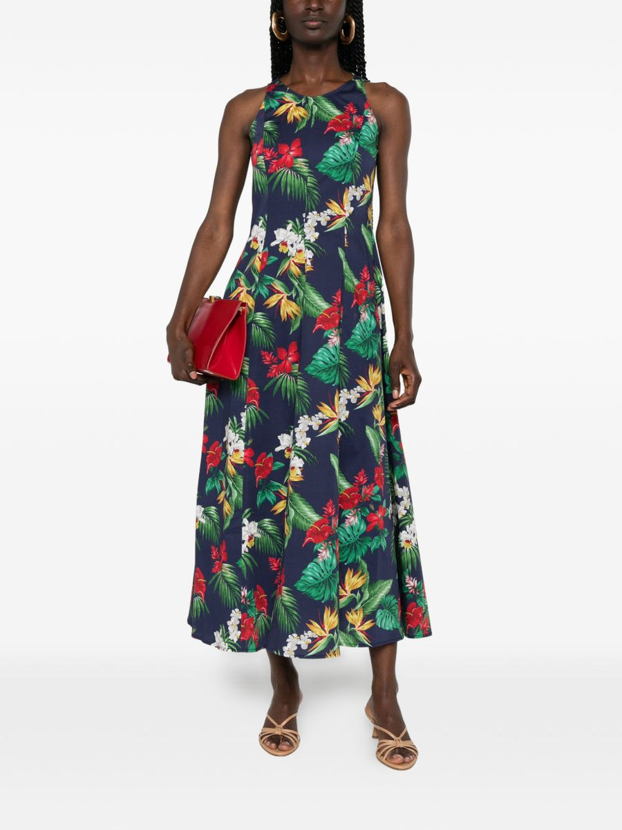 Archivio 67 Printed Navy Floral Midi Dress For Women With Elegant Aline Silhouette