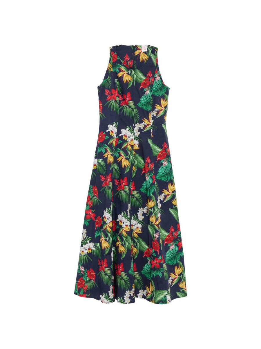 Archivio 67 Printed Navy Floral Midi Dress For Women With Elegant Aline Silhouette