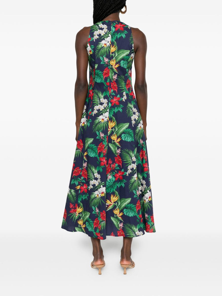 Archivio 67 Printed Navy Floral Midi Dress For Women With Elegant Aline Silhouette