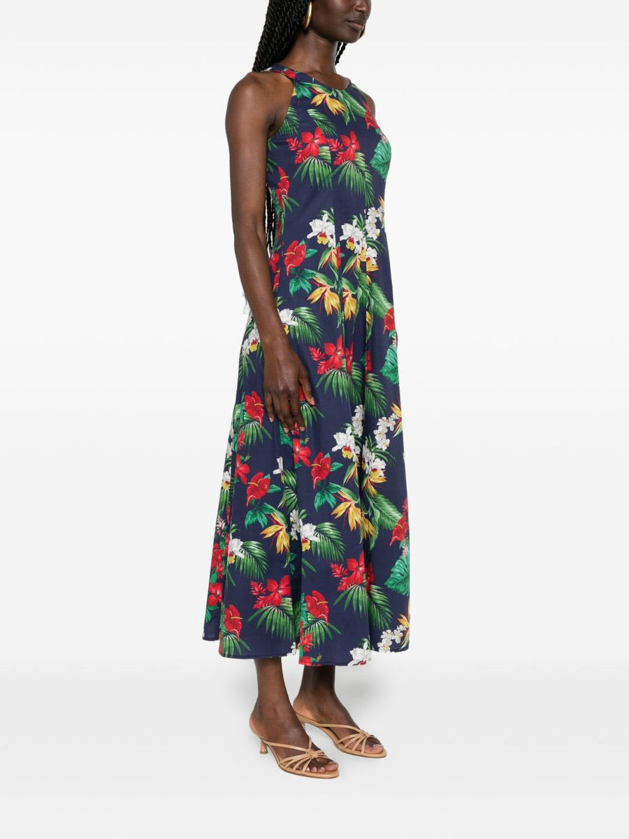 Archivio 67 Printed Navy Floral Midi Dress For Women With Elegant Aline Silhouette