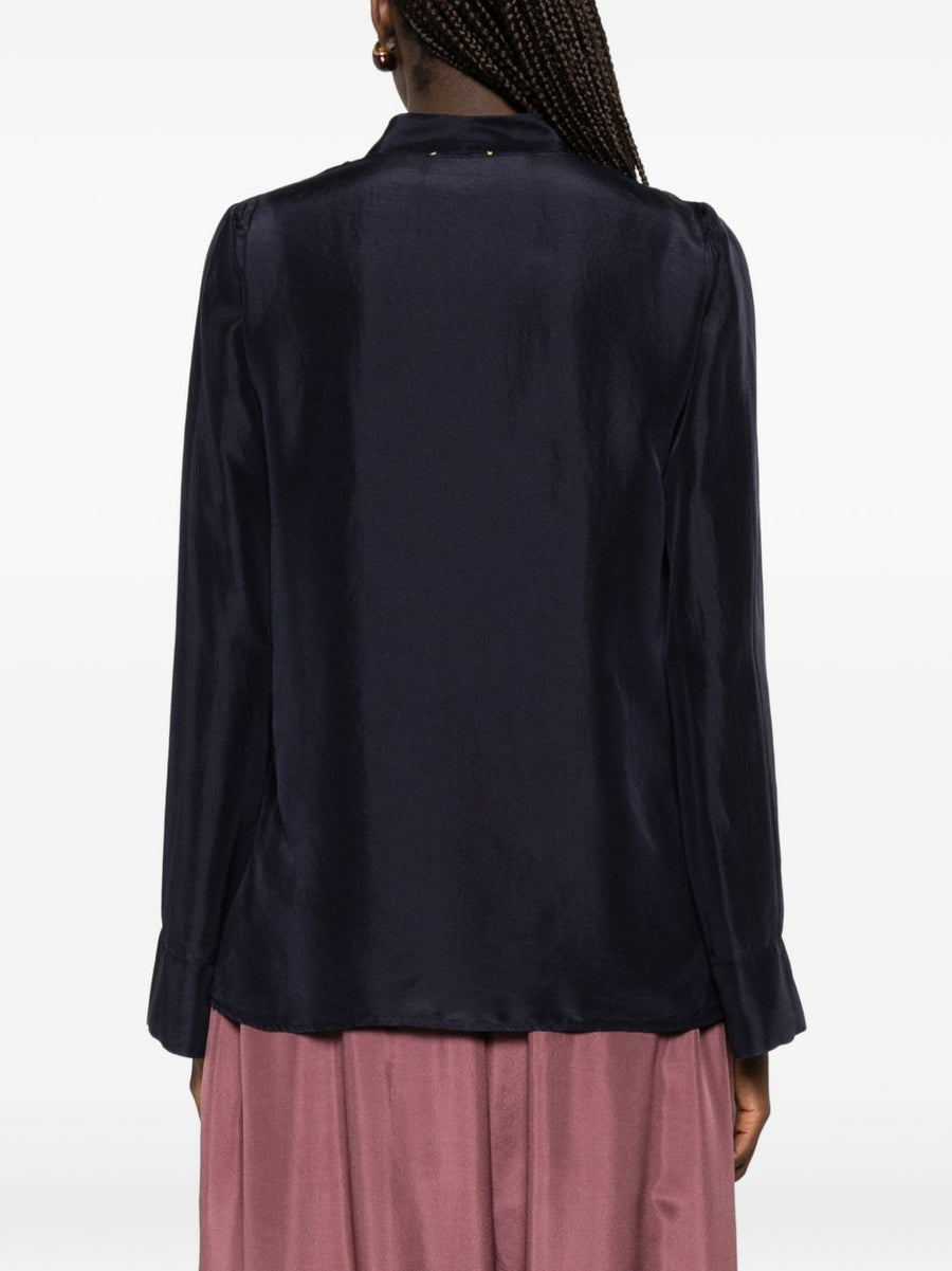Forte Forte Luxurious Silk Shirt For Women Navy 100 Percent Silk Satin Finish Pleated Detailing V Neck Curved Hem