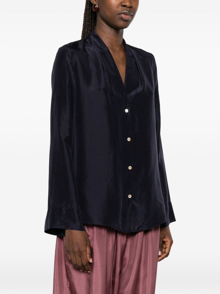 Forte Forte Luxurious Silk Shirt For Women Navy 100 Percent Silk Satin Finish Pleated Detailing V Neck Curved Hem