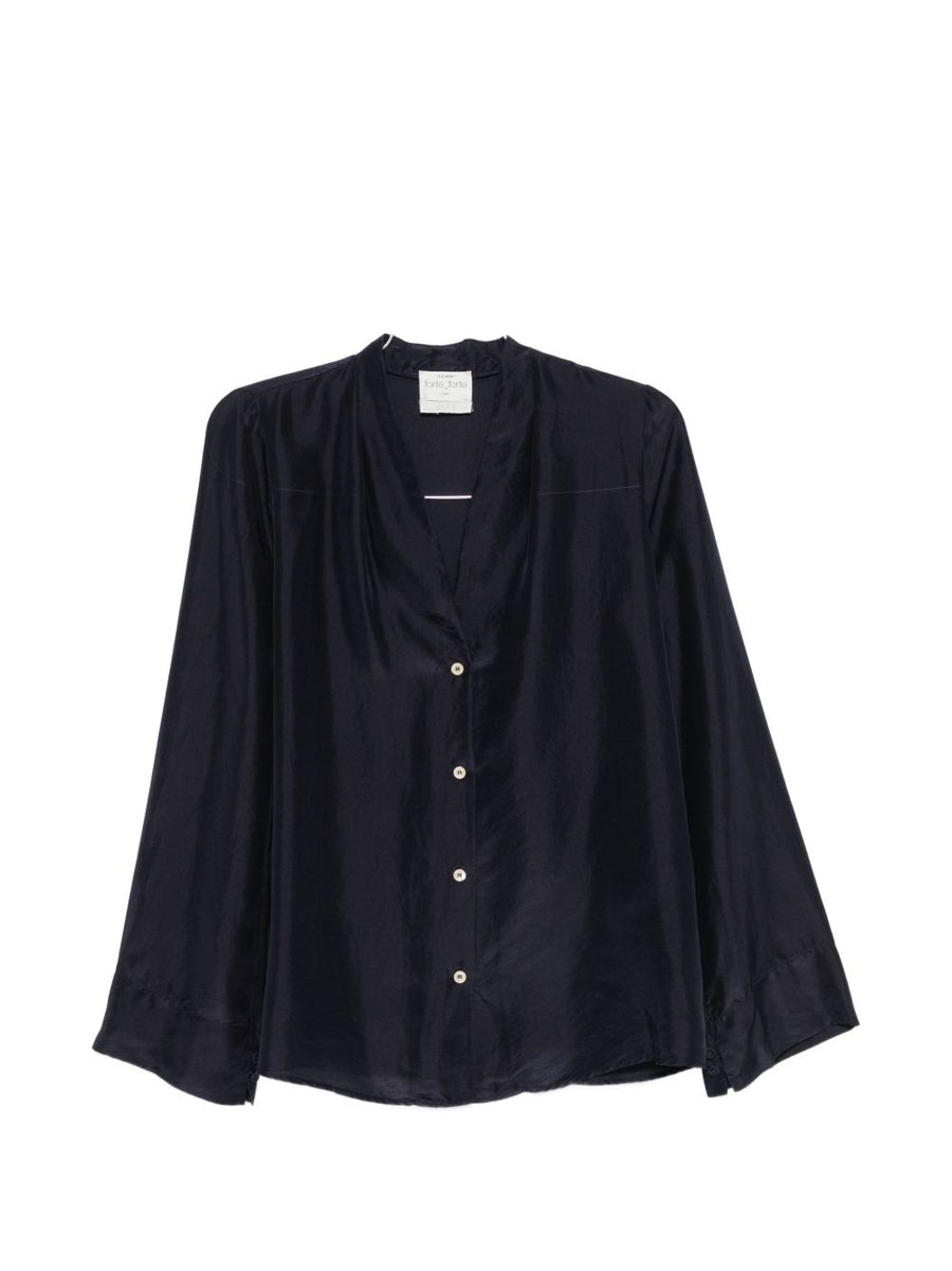Forte Forte Luxurious Silk Shirt For Women Navy 100 Percent Silk Satin Finish Pleated Detailing V Neck Curved Hem