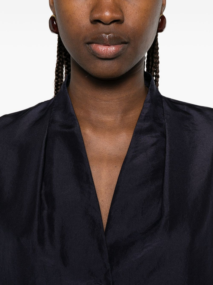 Forte Forte Luxurious Silk Shirt For Women Navy 100 Percent Silk Satin Finish Pleated Detailing V Neck Curved Hem