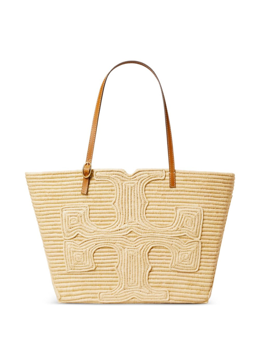 Tory Burch Ella Structured Straw Tote For Women Premium Handwoven Raffia Leather Trim Beige