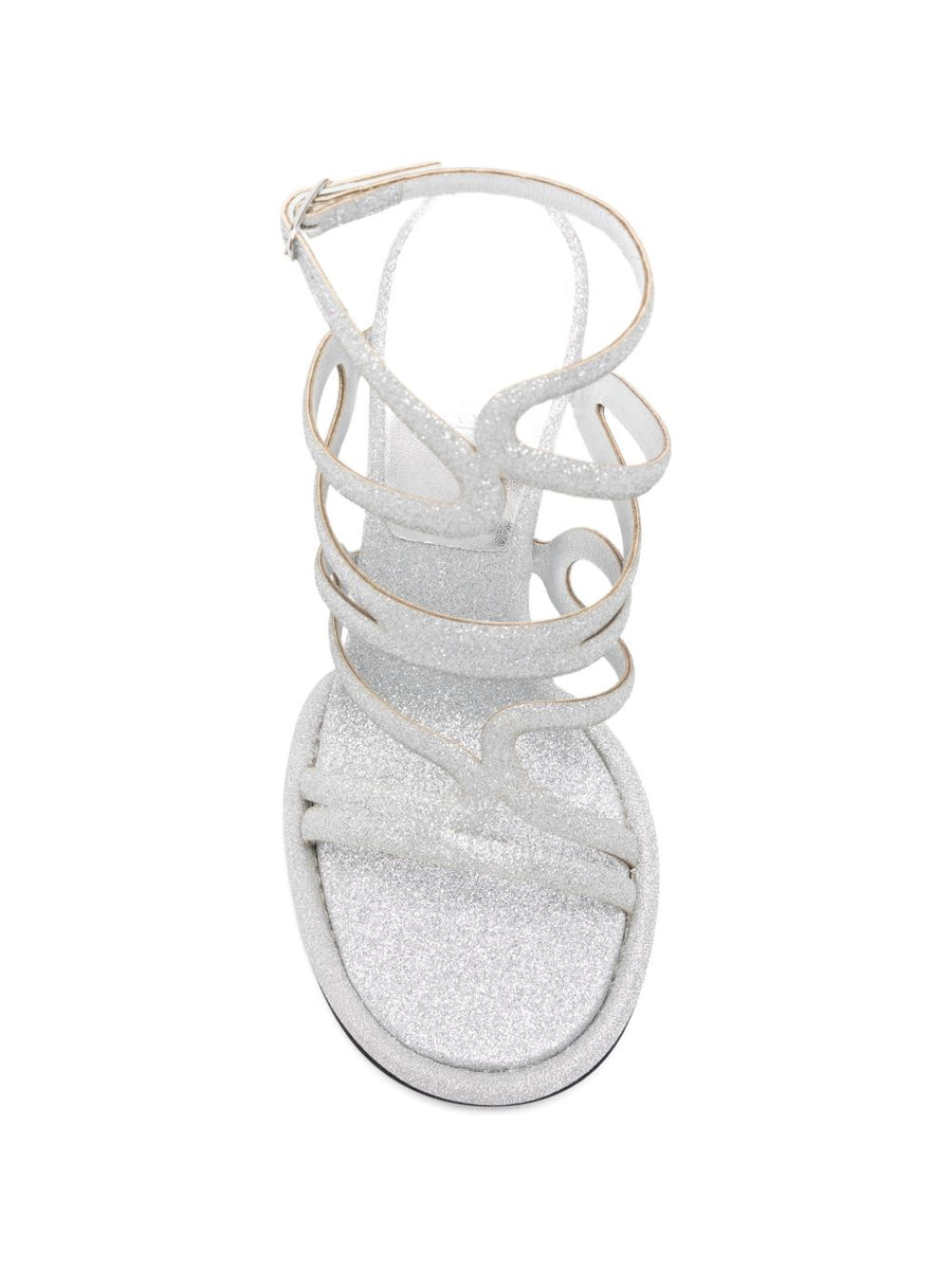 Sergio Rossi Silver Glitter Sandals With Multi Strap High Heel For Women Luxurious Secure Side Buckle Closure