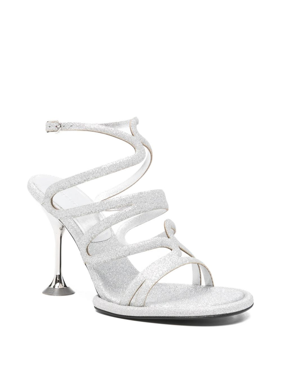 Sergio Rossi Silver Glitter Sandals With Multi Strap High Heel For Women Luxurious Secure Side Buckle Closure