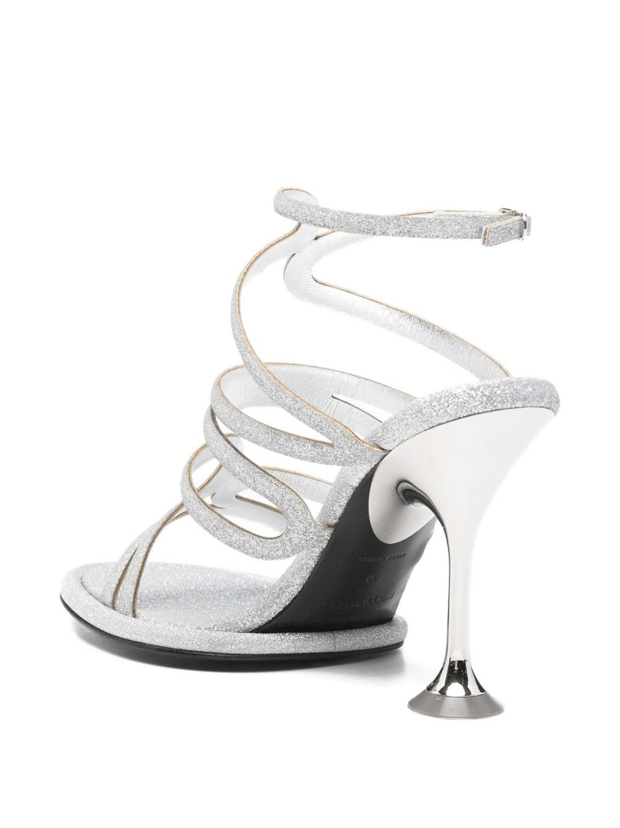 Sergio Rossi Silver Glitter Sandals With Multi Strap High Heel For Women Luxurious Secure Side Buckle Closure