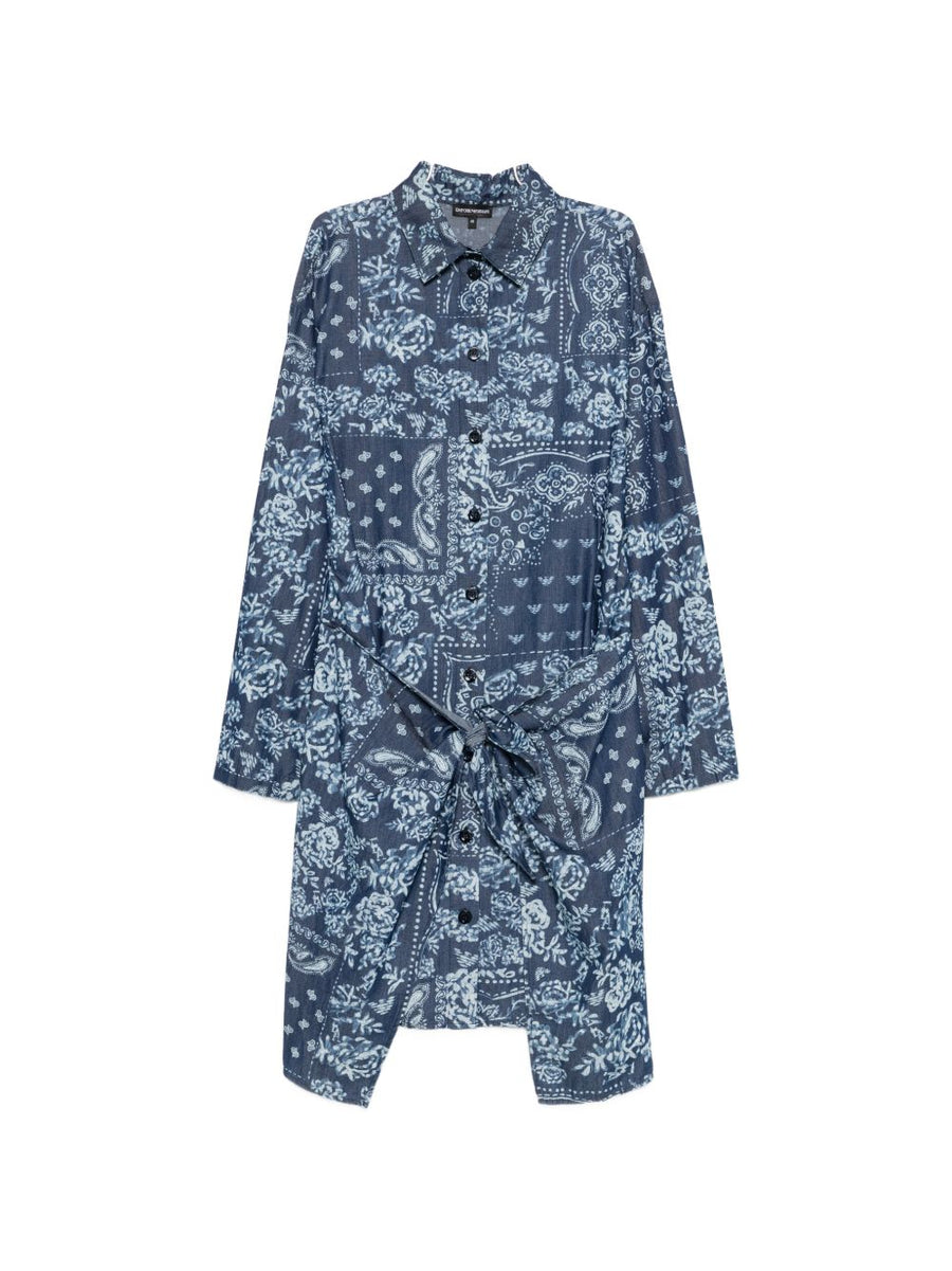 Emporio Armani Navy Cotton Chemisier Dress For Women Breathable 100 Percent Cotton Front Button Classic Collar
