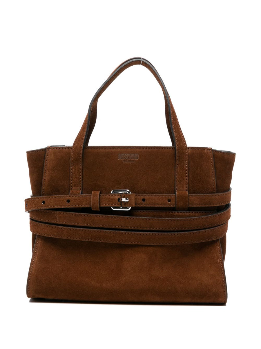 Moschino Tie Me Small Leather Handbag For Women Brown Zip Closure Detachable Strap Silver Buckle