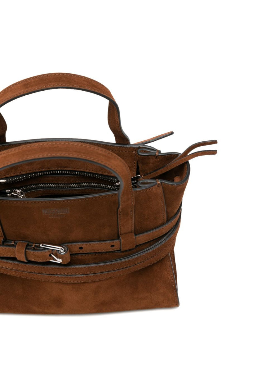 Moschino Tie Me Small Leather Handbag For Women Brown Zip Closure Detachable Strap Silver Buckle