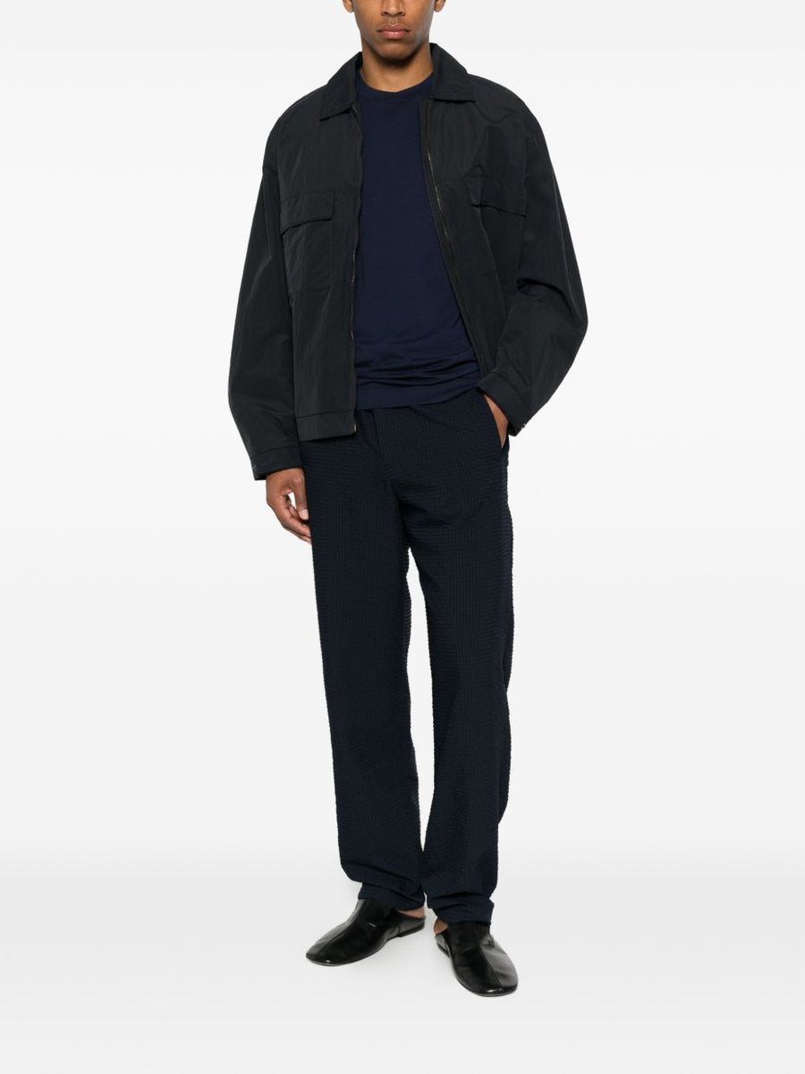 Emporio Armani Capsule Trousers Navy Luxury Men Straight Leg Seersucker Elastic Waistband