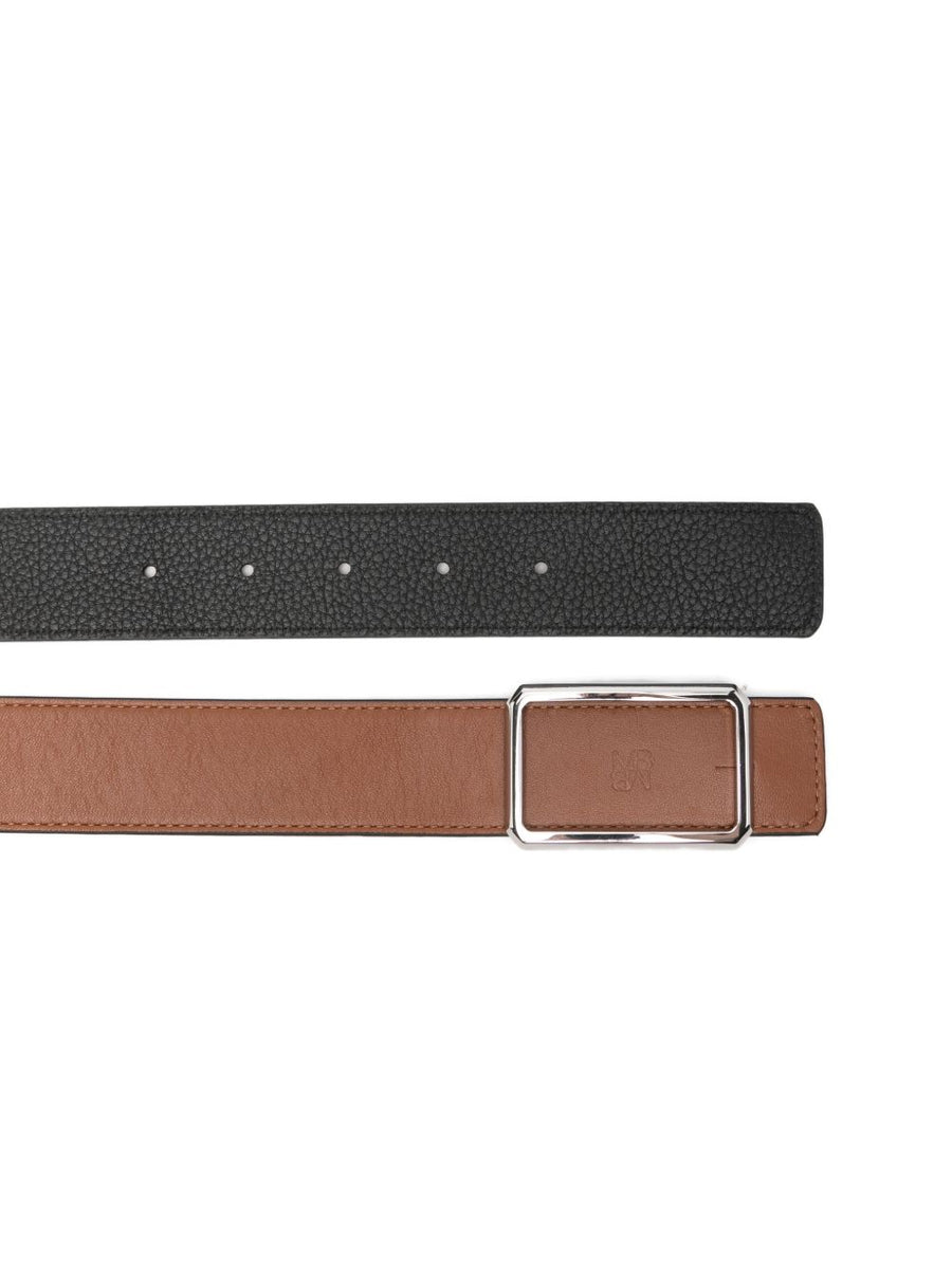 Maison Boinet Women's Brown Leather Belt Debossed Logo Rectangular Buckle for Everyday Elegance