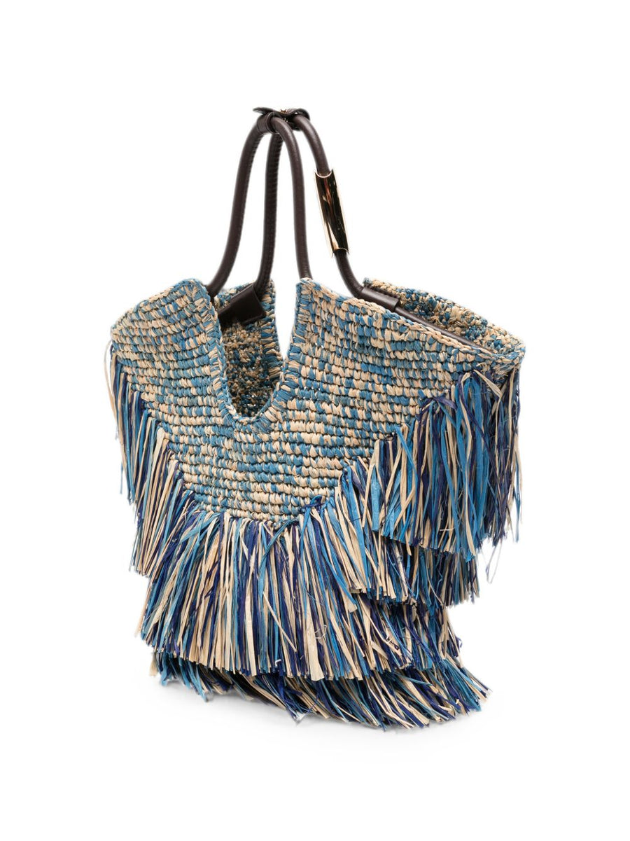Zimmermann Navy Raffia Shopper Bag With Fringe Trim And Gold Hardware For Women Everyday Essential