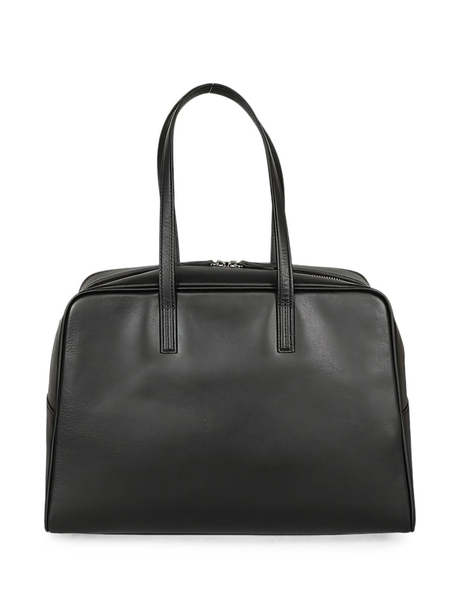 Mizuiro Black Leather Large Boston Handbag With Zip Closure And Internal Pocket