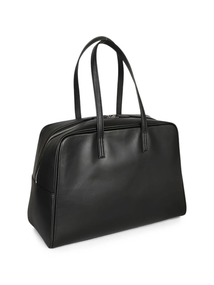 Mizuiro Black Leather Large Boston Handbag With Zip Closure And Internal Pocket