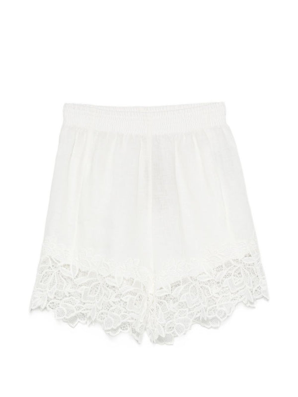 Ermanno Scervino White Linen Shorts With Floral Lace Trim For Women Elastic Waistband Embroidered Details