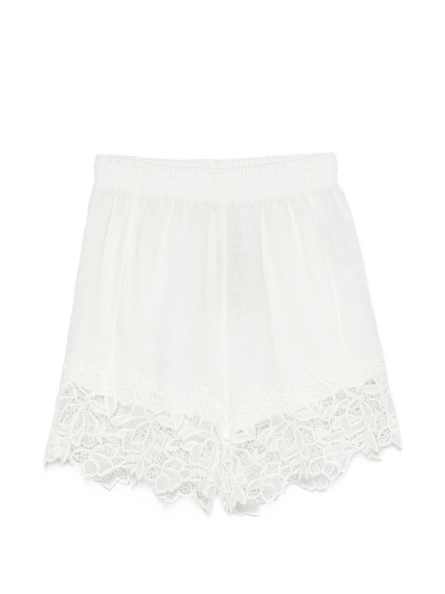 Ermanno Scervino White Linen Shorts With Floral Lace Trim For Women Elastic Waistband Embroidered Details