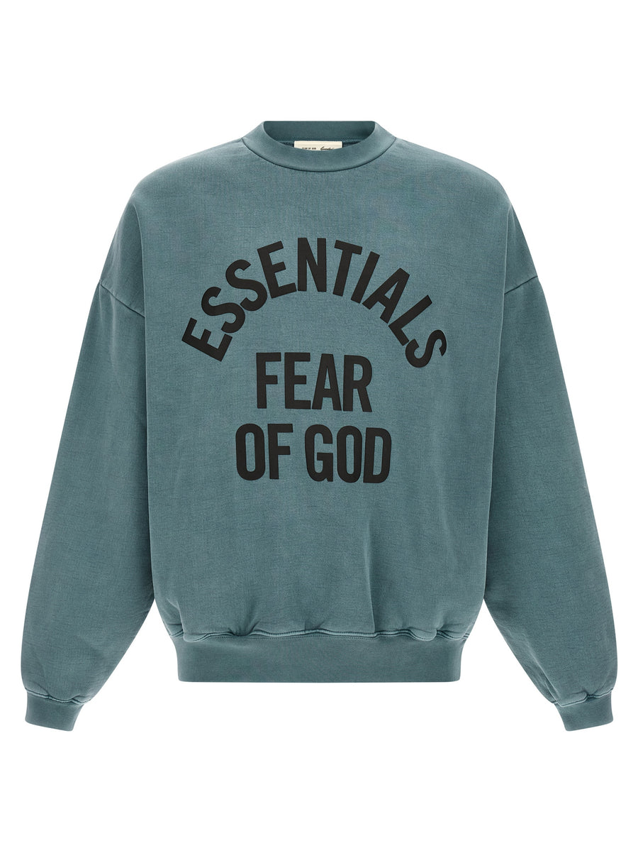 Fear Of God Essential Campus 90s Sweatshirt For Men Light Blue Cotton Oversized Crewneck With Front Logo