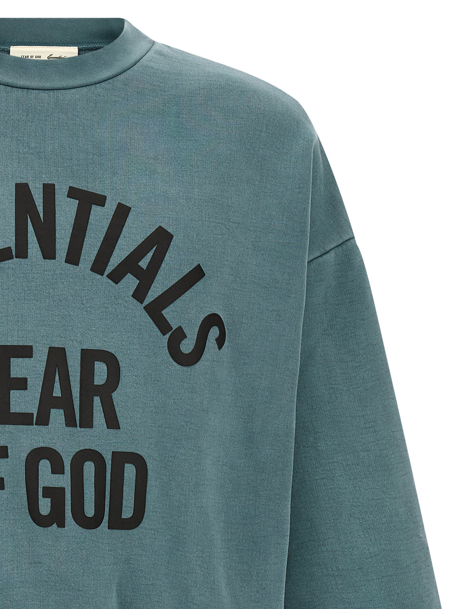 Fear Of God Essential Campus 90s Sweatshirt For Men Light Blue Cotton Oversized Crewneck With Front Logo