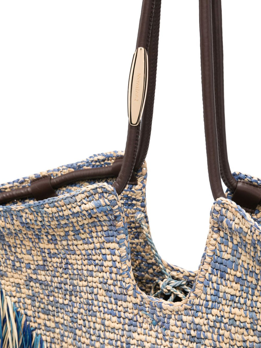 Zimmermann Navy Raffia Shopper Tote With Fringe Detailing for Women Lightweight Beach Carryall