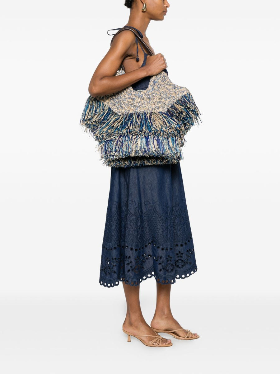 Zimmermann Navy Raffia Shopper Tote With Fringe Detailing for Women Lightweight Beach Carryall