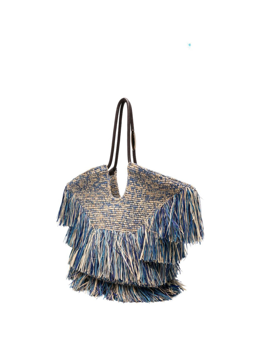Zimmermann Navy Raffia Shopper Tote With Fringe Detailing for Women Lightweight Beach Carryall