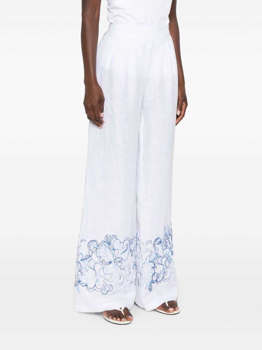 Ermanno Scervino White Linen Embroidered Hem Wide Leg Trousers
