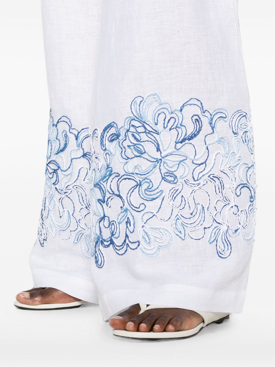 Ermanno Scervino White Linen Embroidered Hem Wide Leg Trousers