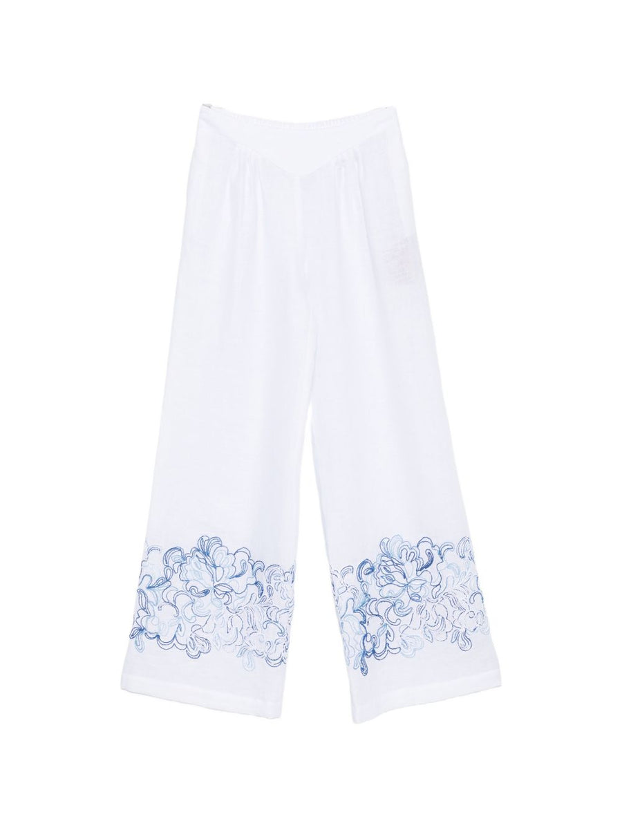 Ermanno Scervino White Linen Embroidered Hem Wide Leg Trousers