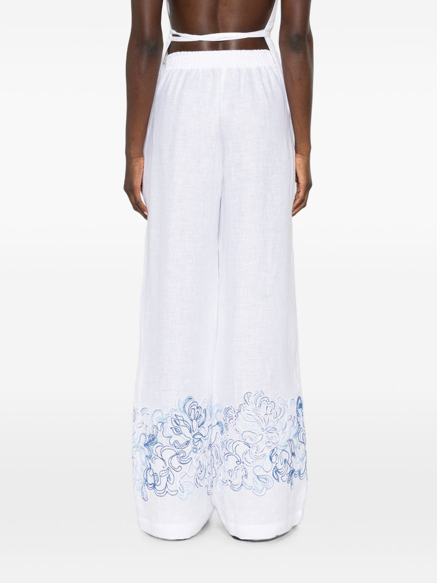 Ermanno Scervino White Linen Embroidered Hem Wide Leg Trousers
