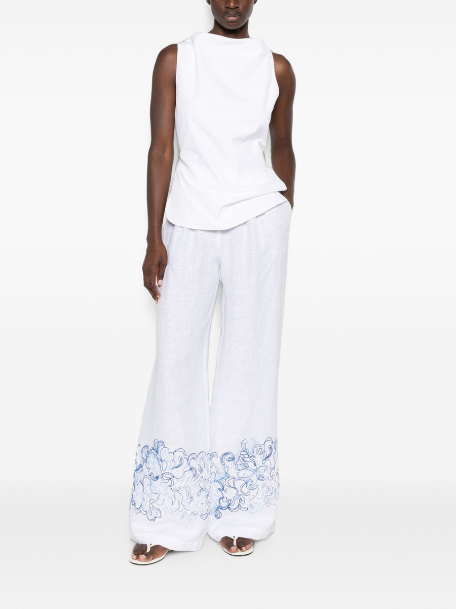 Ermanno Scervino White Linen Embroidered Hem Wide Leg Trousers