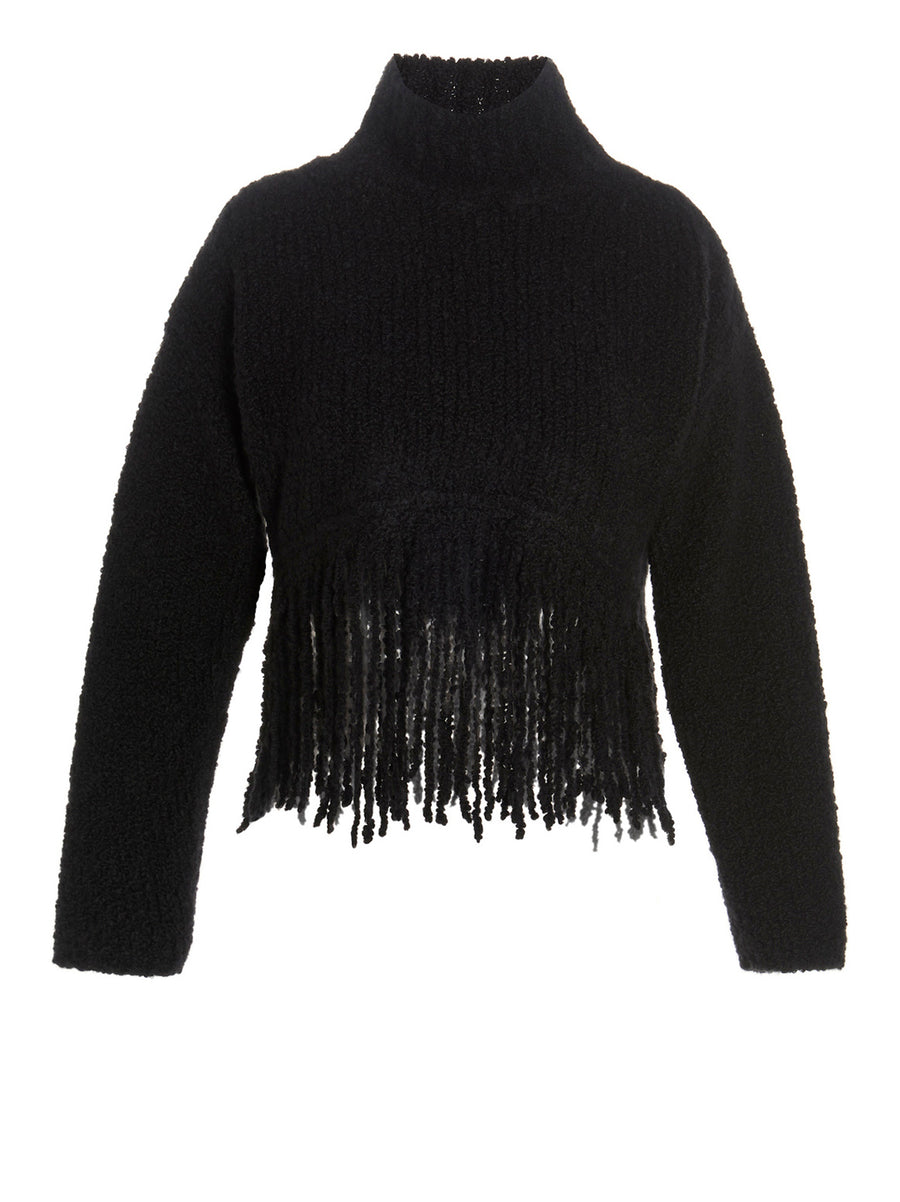 Mixik Ray Cashmere Sweater For Women Black High Neck Fringe Hem Long Sleeves Topwear For Luxury Layering