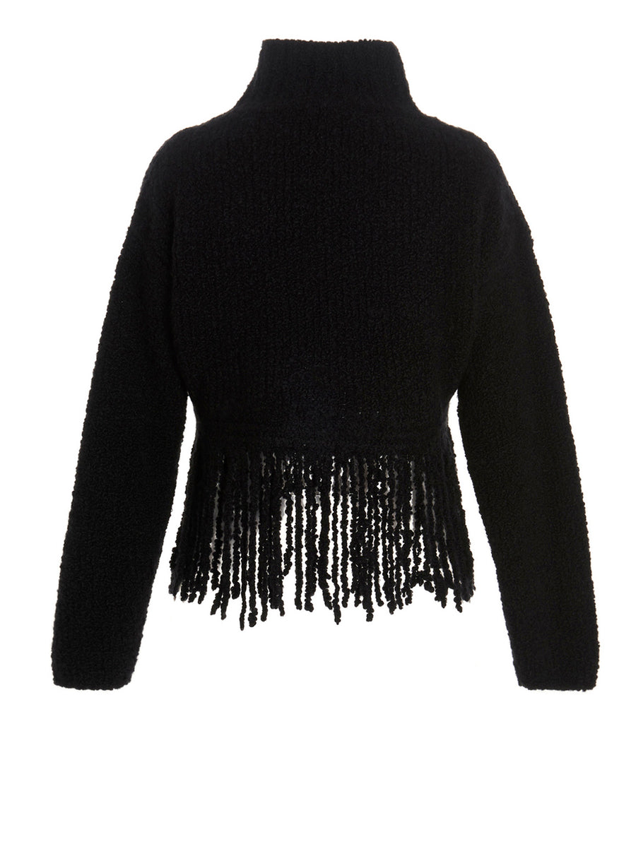 Mixik Ray Cashmere Sweater For Women Black High Neck Fringe Hem Long Sleeves Topwear For Luxury Layering