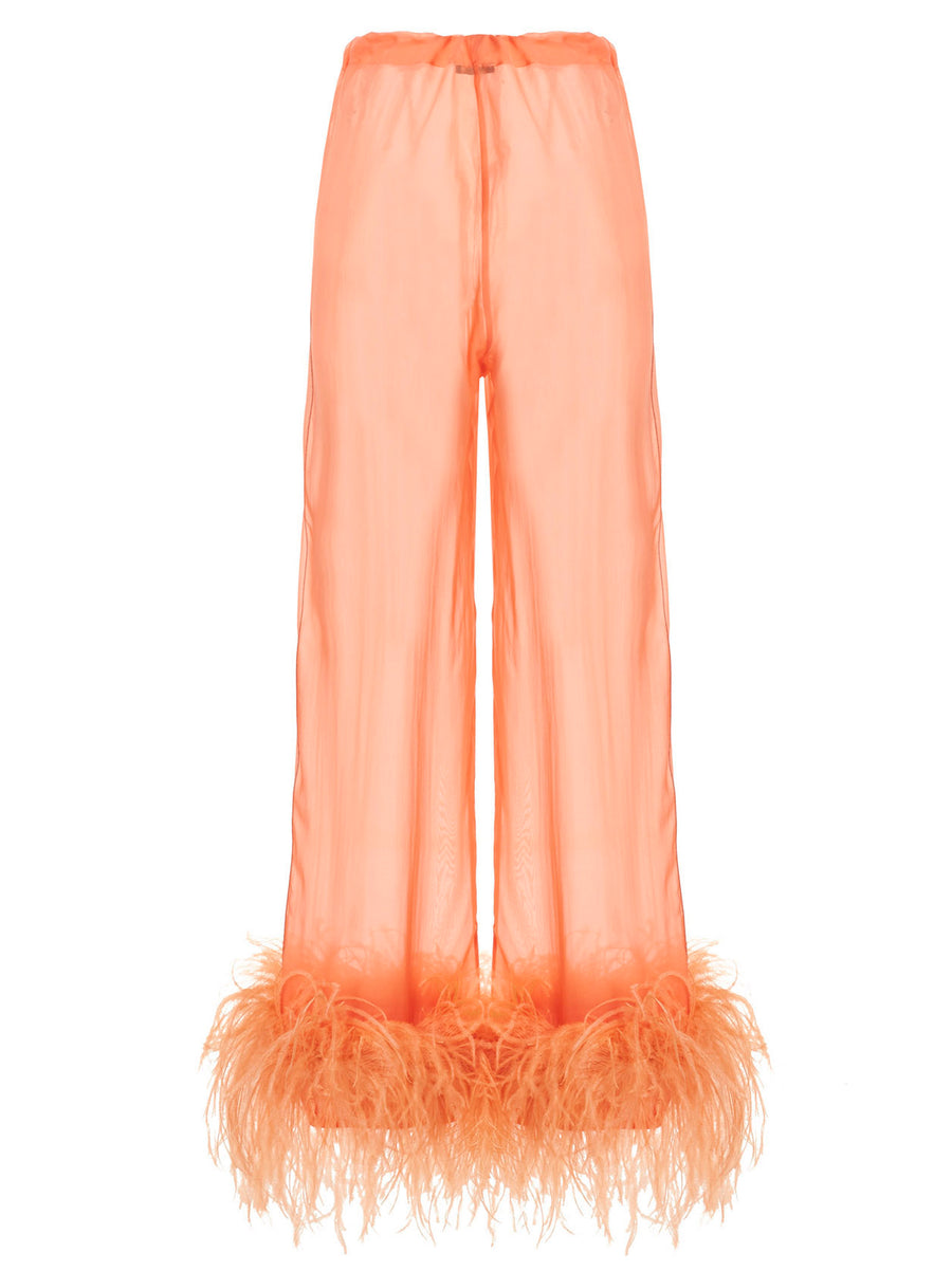 Osèree Feather Silk Pants For Women With Ostrich Feather Hem And Drawstring Waist