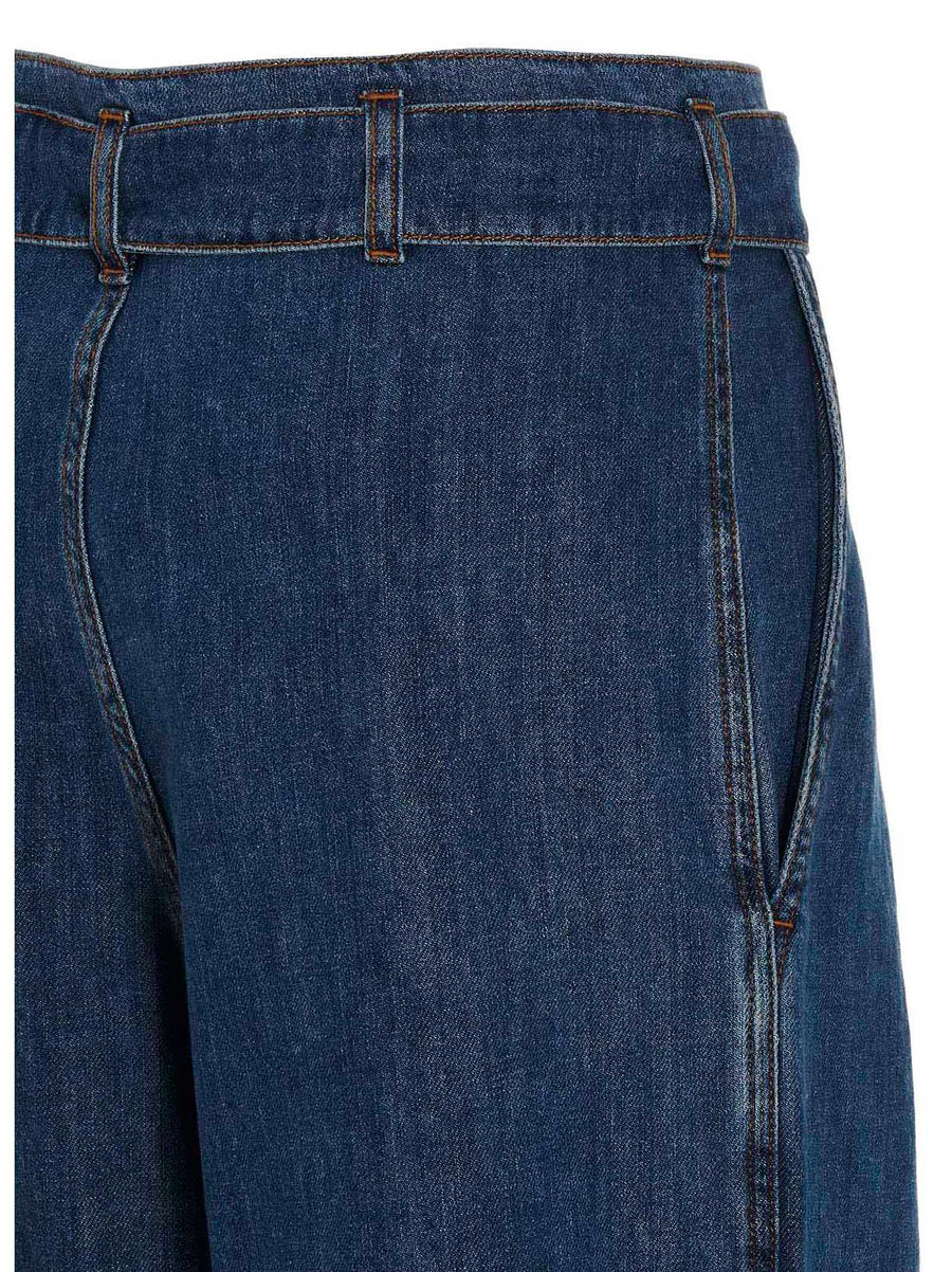 Philosophy Front Pleated Jeans For Women Blue 100% Cotton Relaxed Fit With Removable Belt