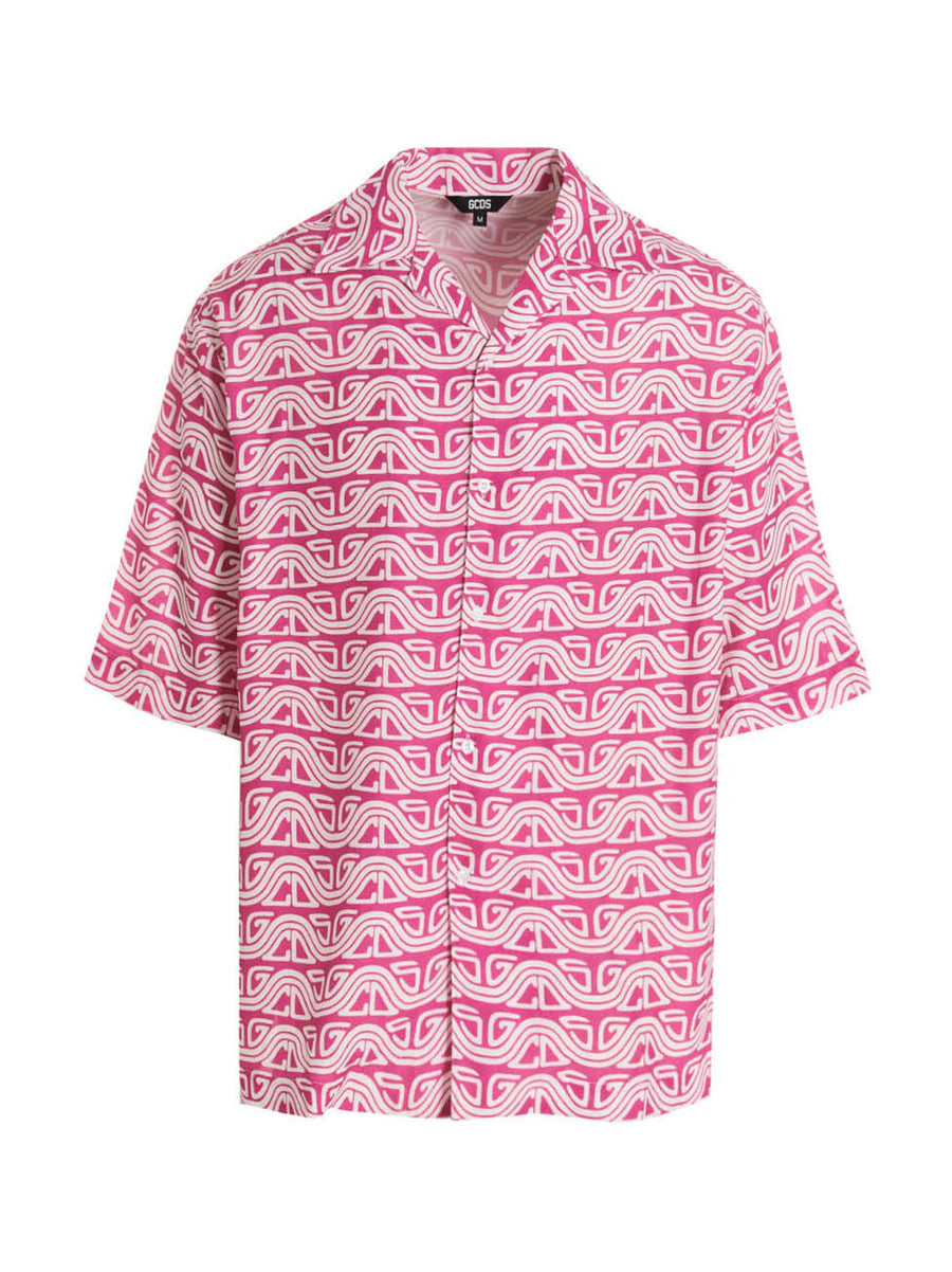 Gcds Waved Logo Shirt For Men Allover Fuchsia Print 100 Percent Viscose Bold Streetwear Statement
