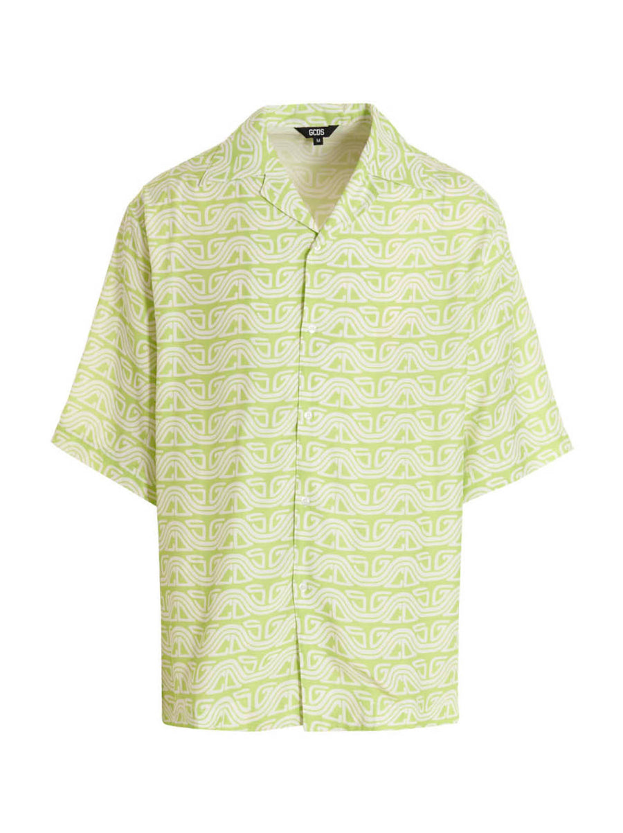 Gcds Waved Logo Shirt For Men Lightweight Green 100 Percent Viscose Silky Drape Allover Waved Logo Print Luxurious