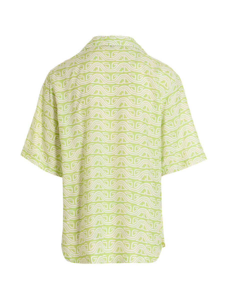 Gcds Waved Logo Shirt For Men Lightweight Green 100 Percent Viscose Silky Drape Allover Waved Logo Print Luxurious