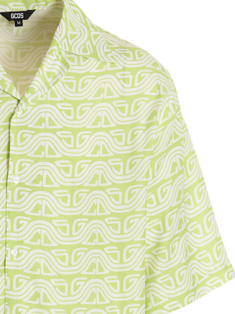Gcds Waved Logo Shirt For Men Lightweight Green 100 Percent Viscose Silky Drape Allover Waved Logo Print Luxurious