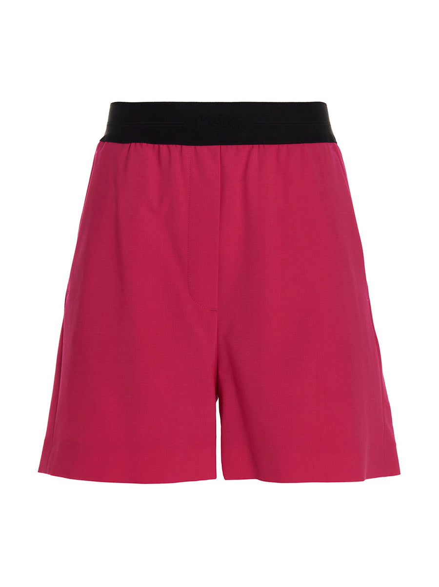 MSGM Wool Bermuda Shorts For Women Fuchsia Elastic Waistband Pockets Luxury Virgin Wool